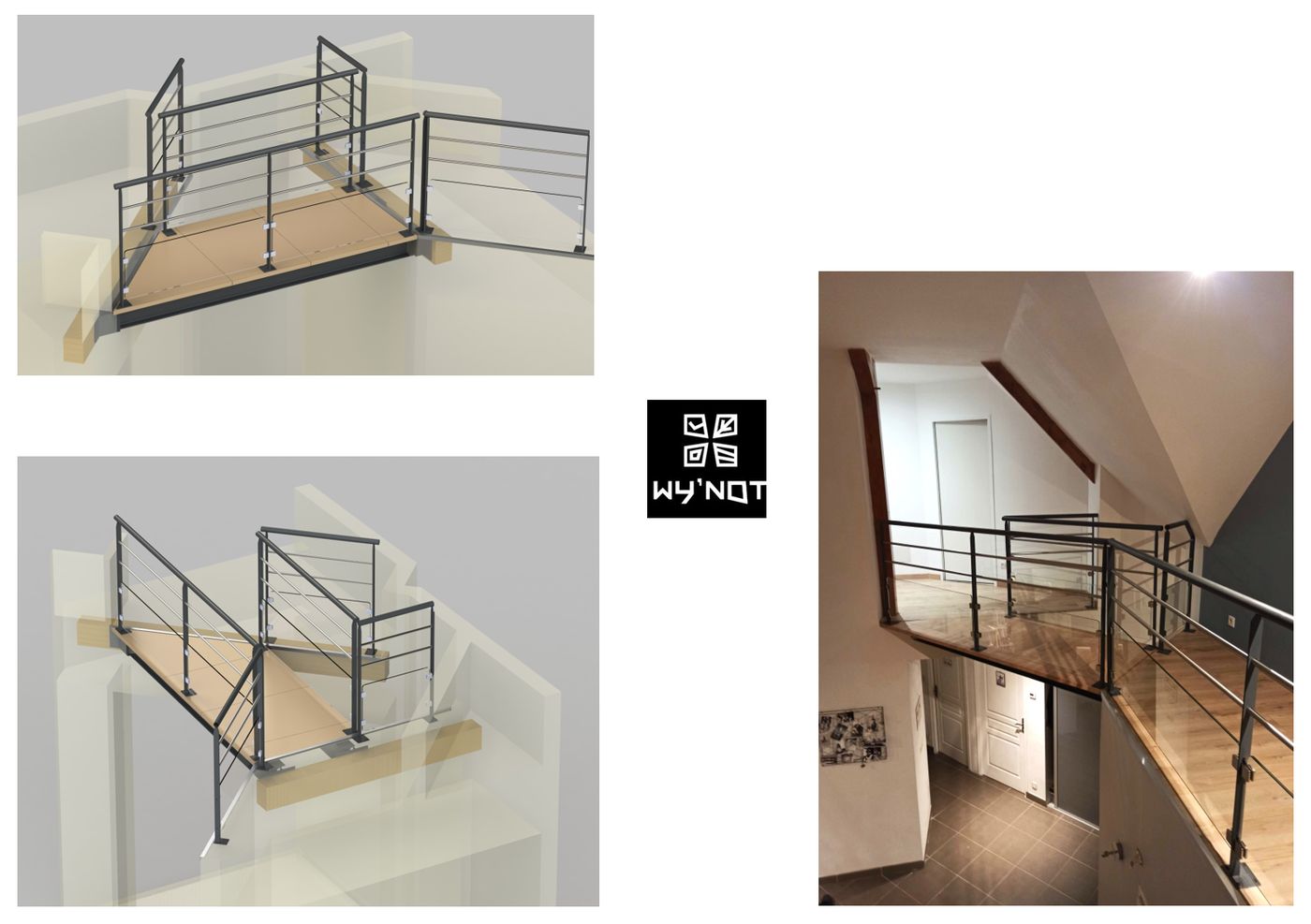 Réalisation pour WY'NOT : escalier bois et métal avec garde-corps découpé